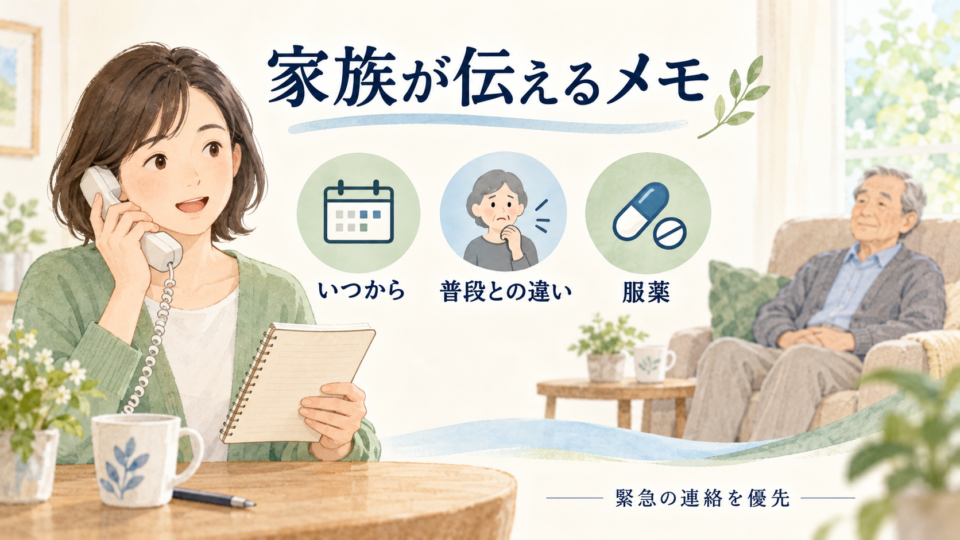 症状が始まった時期、普段との違い、服薬を家族がメモする図