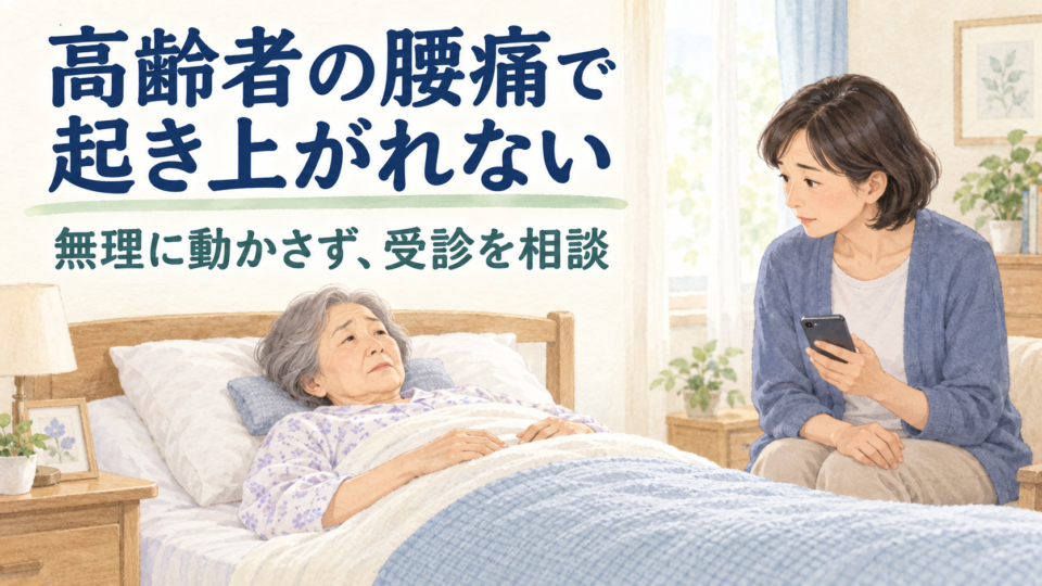 腰痛で寝ている高齢女性を無理に動かさず電話相談を準備する家族