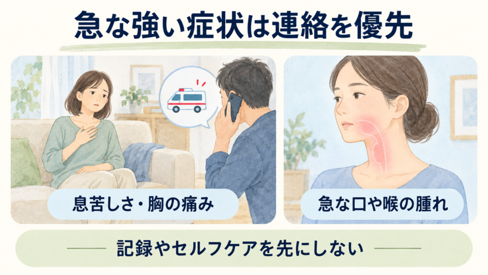 呼吸や急な腫れなどの変化があるときに連絡を優先する図