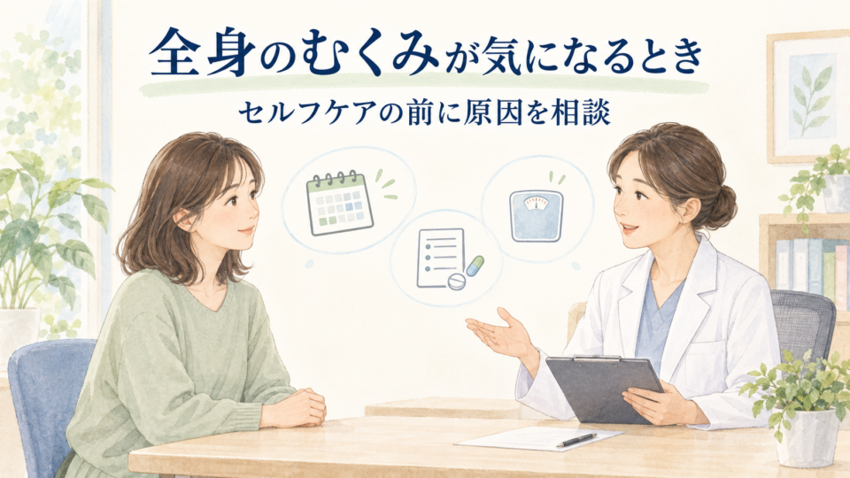 全身のむくみについて経過や服薬を医師に相談する女性