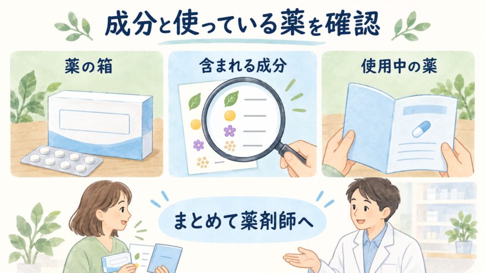 薬の箱、成分、服用中の薬をまとめて薬剤師へ伝える図