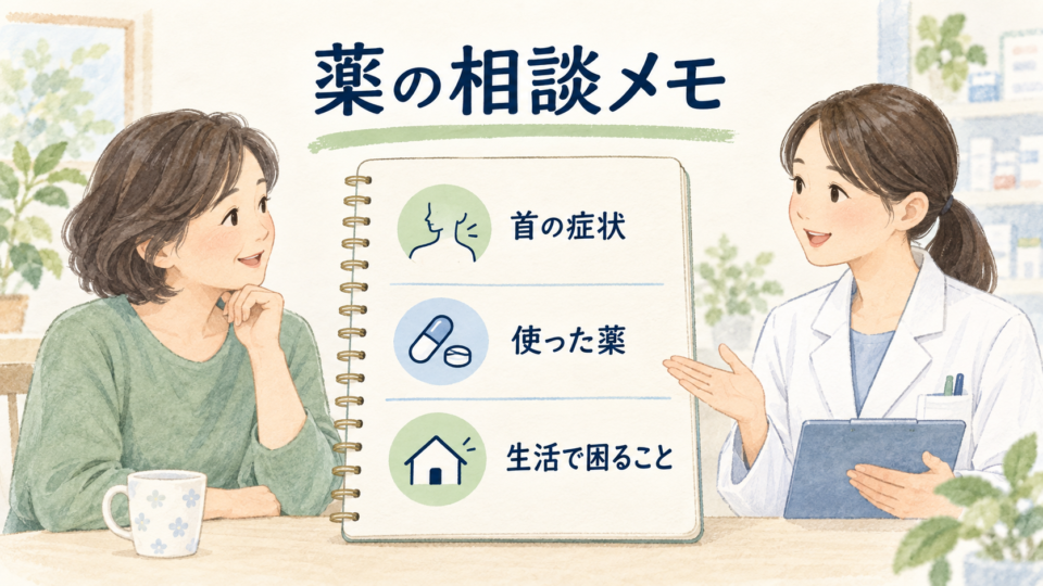 症状、使った薬、日常の困りごとを相談メモにまとめる図