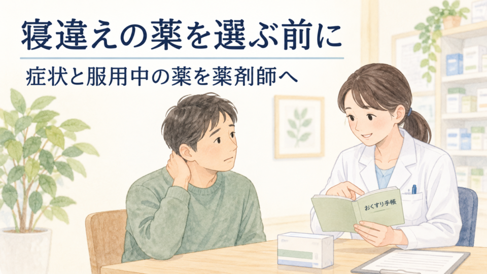首の痛みと使用中の薬について薬剤師に相談する男性