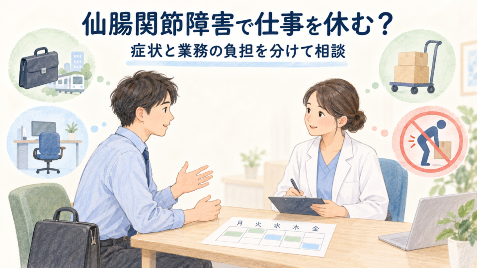 腰の症状と仕事の内容を医療者に相談する会社員