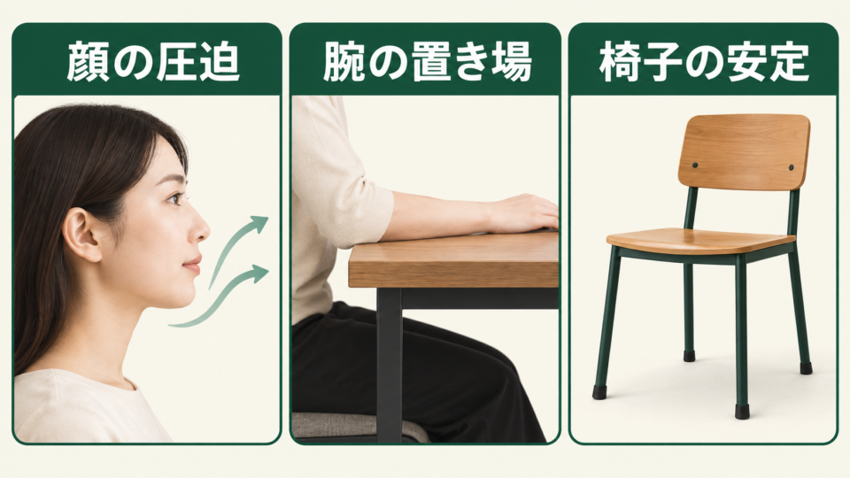 顔の圧迫、腕の置き場所、椅子の安定を確認する三つの図