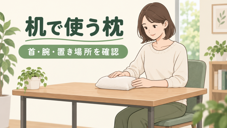 机上の枕を手で確認し、首・腕・置き場所を考える成人