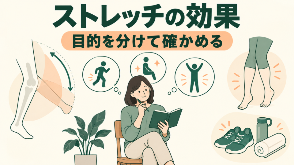 ストレッチの目的を手帳で整理する人と、動き・運動後・準備のイラスト