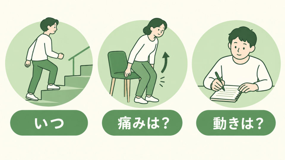 階段や立ち上がりの場面を手がかりに、いつ鳴るか・痛み・動きを記録する図