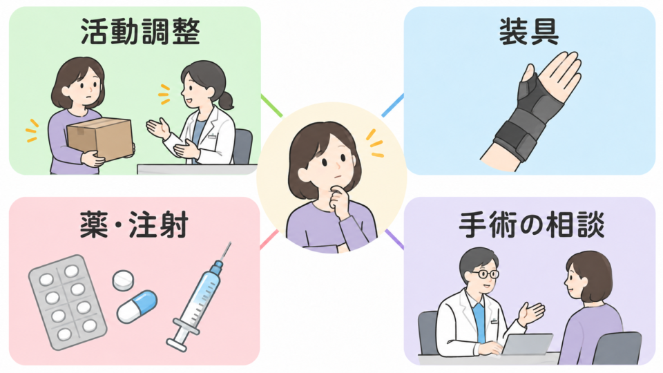 活動調整、手首の装具、薬・注射、手術の相談という治療の選択肢を並べた図
