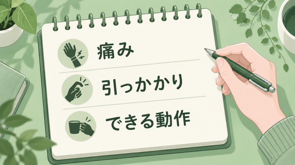 手首の痛み、指の引っかかり、カップを持つ動作などを記録するメモ