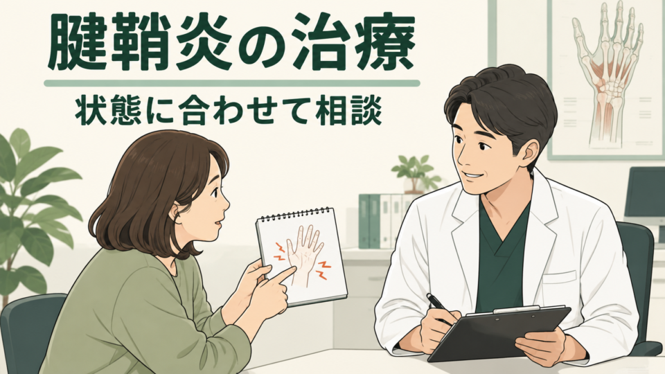 手の症状を書いたメモを見せ、腱鞘炎の治療について医療者へ相談するイメージ
