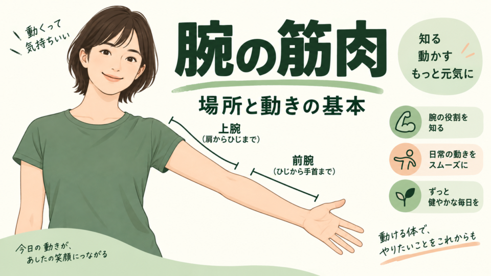 上腕を肩から肘、前腕を肘から手首として示す腕の筋肉の入門イラスト