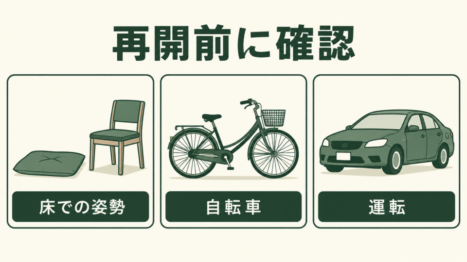 床での姿勢、自転車、運転を再開前に確認する三つの項目