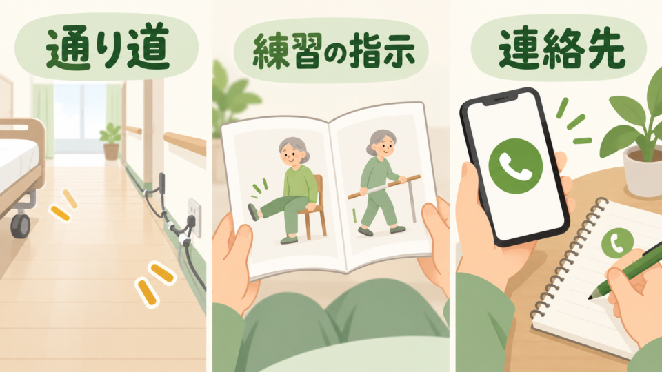 通り道の整理、練習の指示、連絡先を確認する生活準備の図