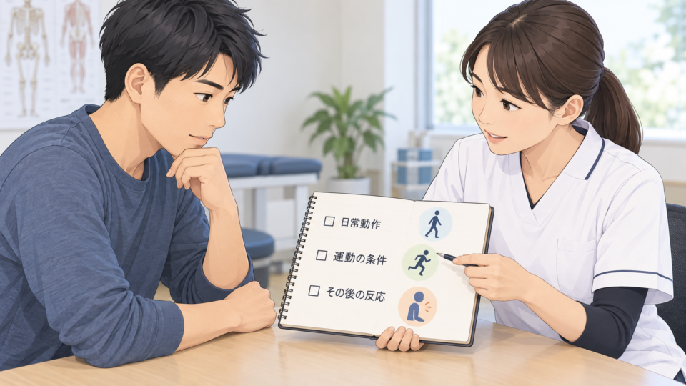 日常動作、運動の条件、その後の反応をメモにまとめて医療者へ相談する場面