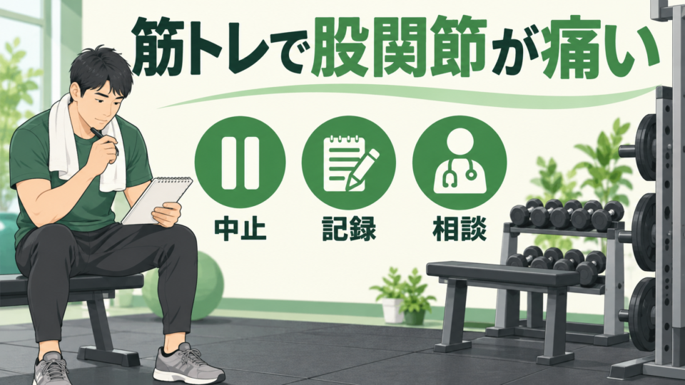筋トレを中止してメモを取る人と、中止・記録・相談の三つの確認を示す図