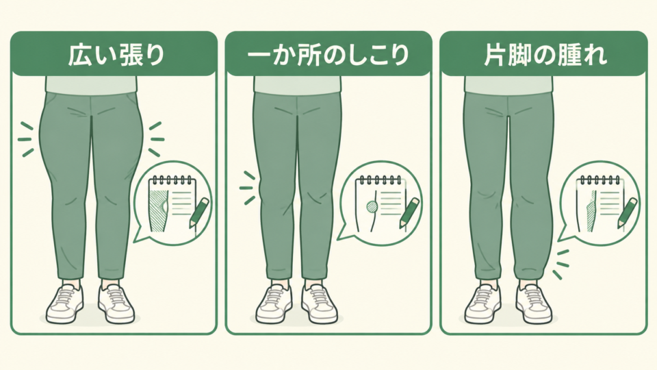 広い張り、一か所のしこり、片脚の腫れを区別してメモする図