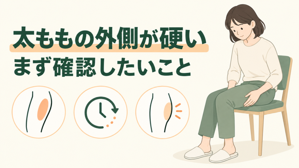 太ももの外側に手を添える人と、場所・経過・腫れの確認を示すイラスト