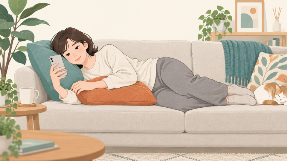 横向きで枕に頭を預け、クッションの近くでスマートフォンを見る人の説明イラスト