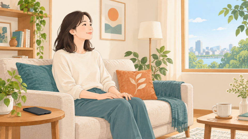 スマートフォンをテーブルに置き、ソファに座って休憩する人の説明イラスト