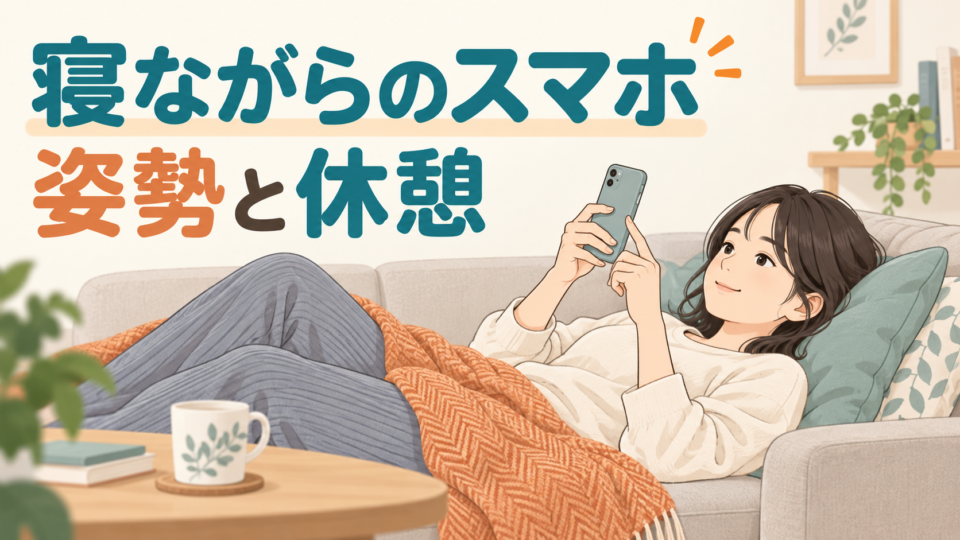 枕で頭を支えながらスマートフォンを見る人と、姿勢と休憩の見直しを示す説明イラスト