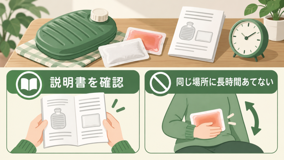 湯たんぽやカイロの説明書を確認し、同じ場所に長時間あてない注意を示す図