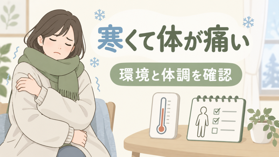 寒さを感じて上着を着た人と、環境・体調を確認する温度計とメモ