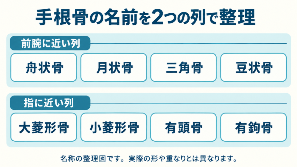 手根骨8個の名称を前腕に近い列と指に近い列で整理した図