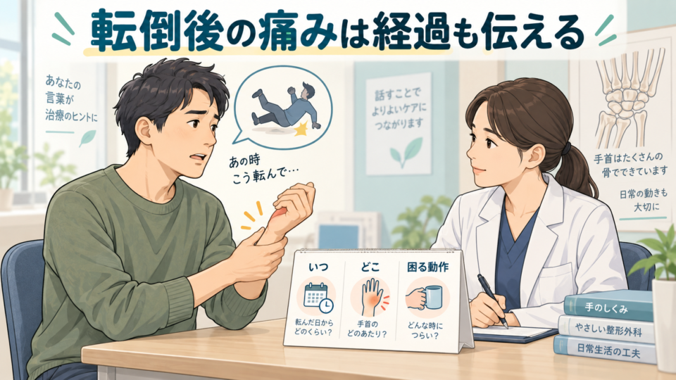 転倒した時期と手首の症状、困る動作を医療者へ説明するイラスト