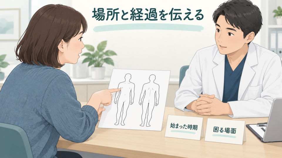胸の症状が始まった時期と困る場面を医療者へ伝える説明イラスト