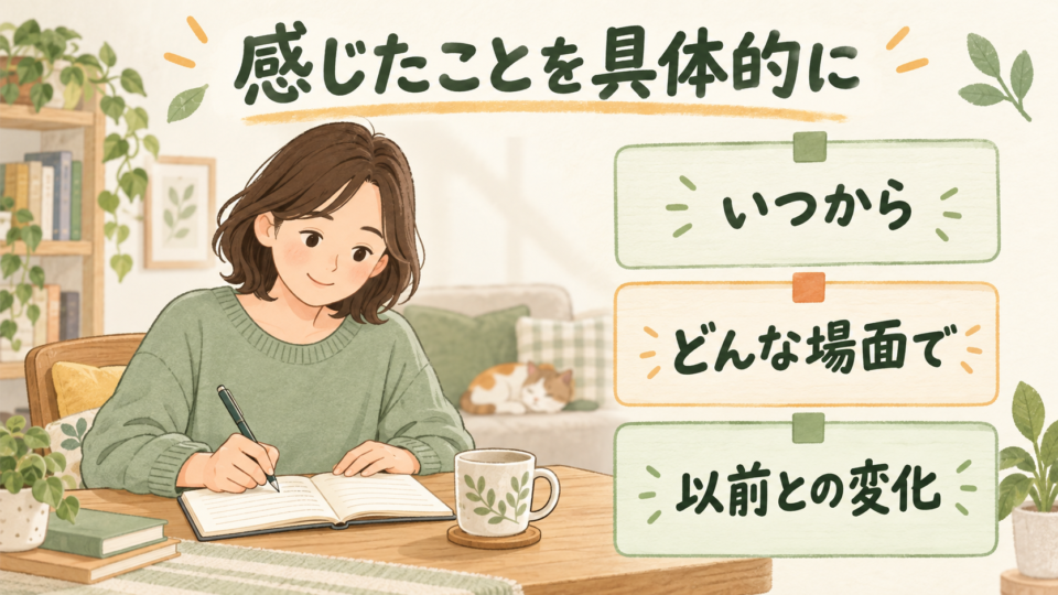 症状の始まった時期・場面・変化をメモして医療者へ伝える説明イラスト