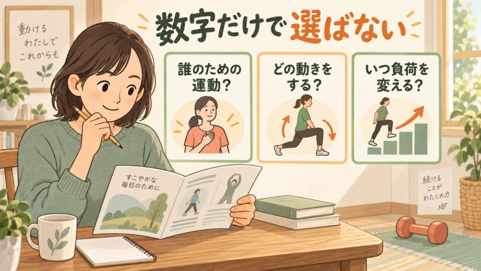 運動資料の対象者・動作・負荷の変更条件を確認する説明イラスト