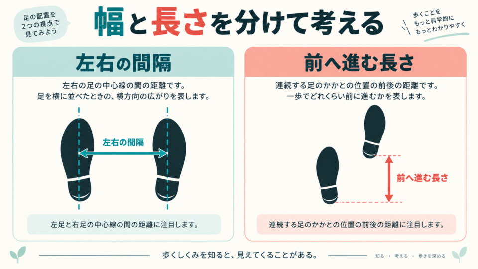 左右の足の間隔と、前へ進む一歩の長さが異なることを示す足跡の模式図