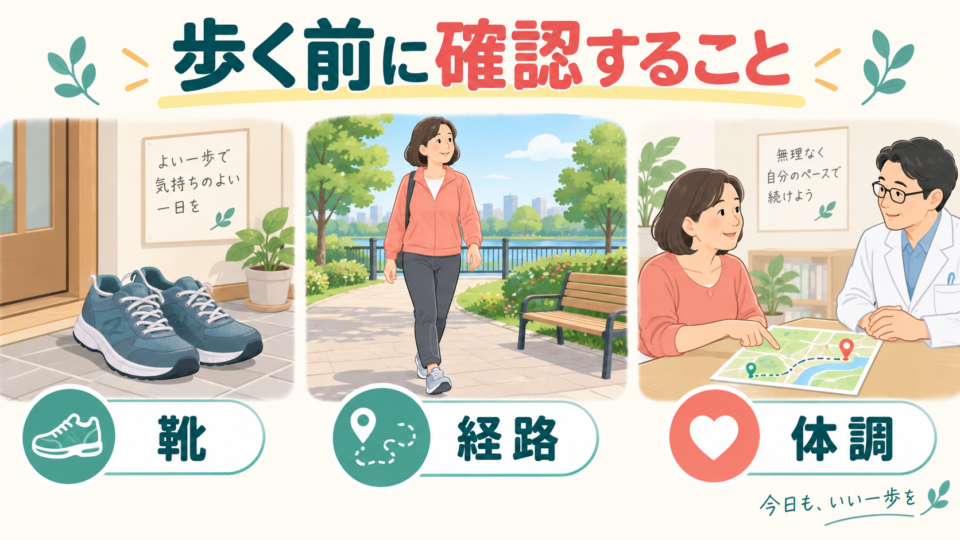 歩きやすい靴と平らな経路を用意し、無理なく歩くことを考える説明イラスト