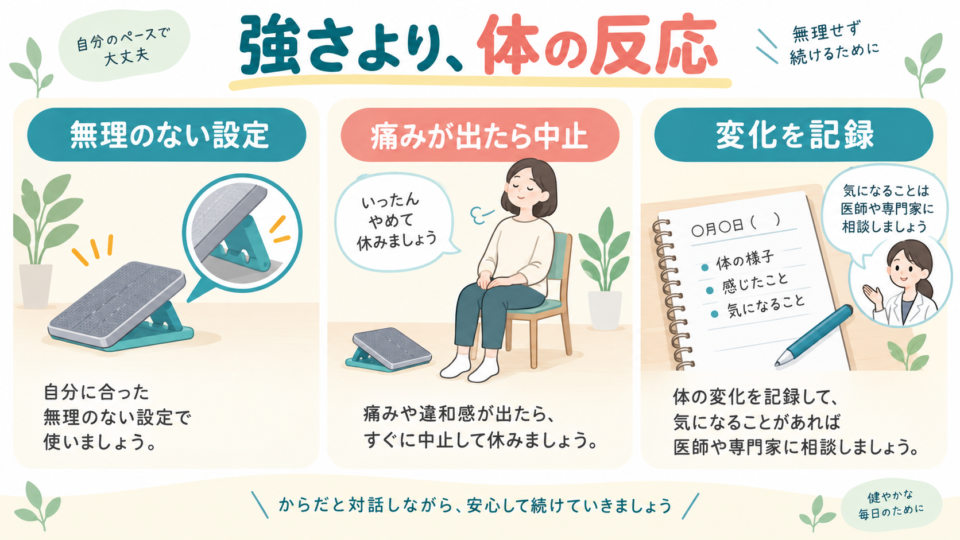 無理のない設定、痛みが出たら中止、体の変化を記録するという確認点