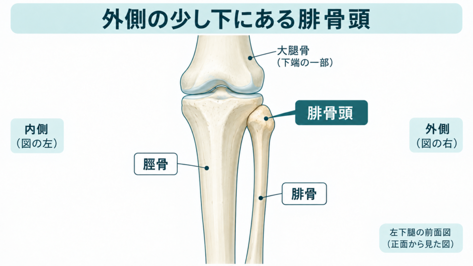 左下腿を前から見た脛骨・腓骨・腓骨頭の位置関係の模式図