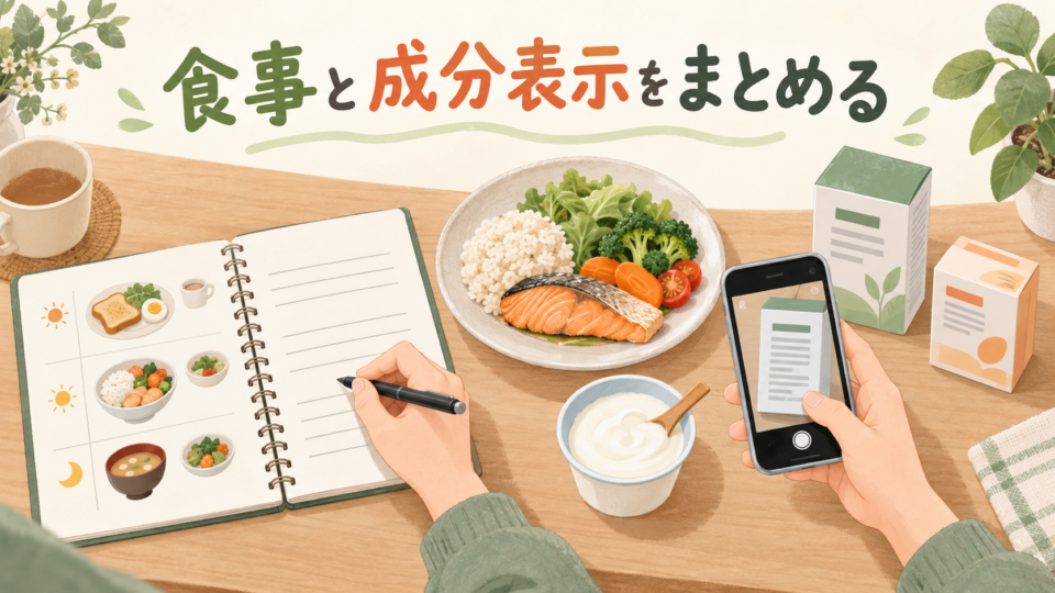 食事の記録とサプリメントの成分表示を相談前にまとめる説明イラスト