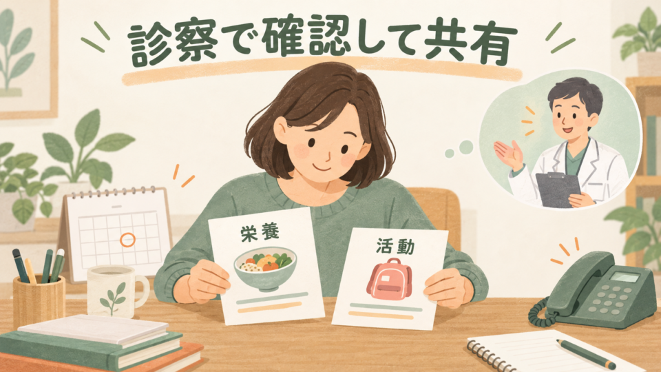診察で確認する栄養の相談と学校での活動制限を分けてメモする保護者