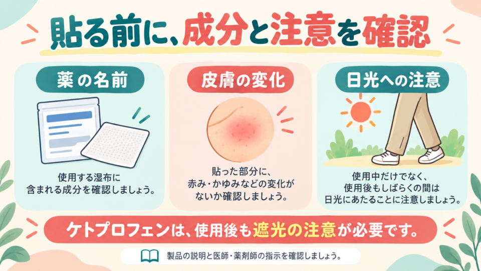 薬の名前、皮膚の変化、日光への注意を確認する図
