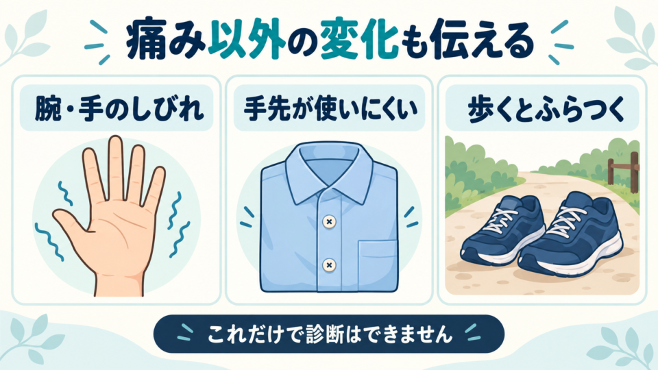 腕と手のしびれ、手先の使いにくさ、歩行のふらつきを伝える図