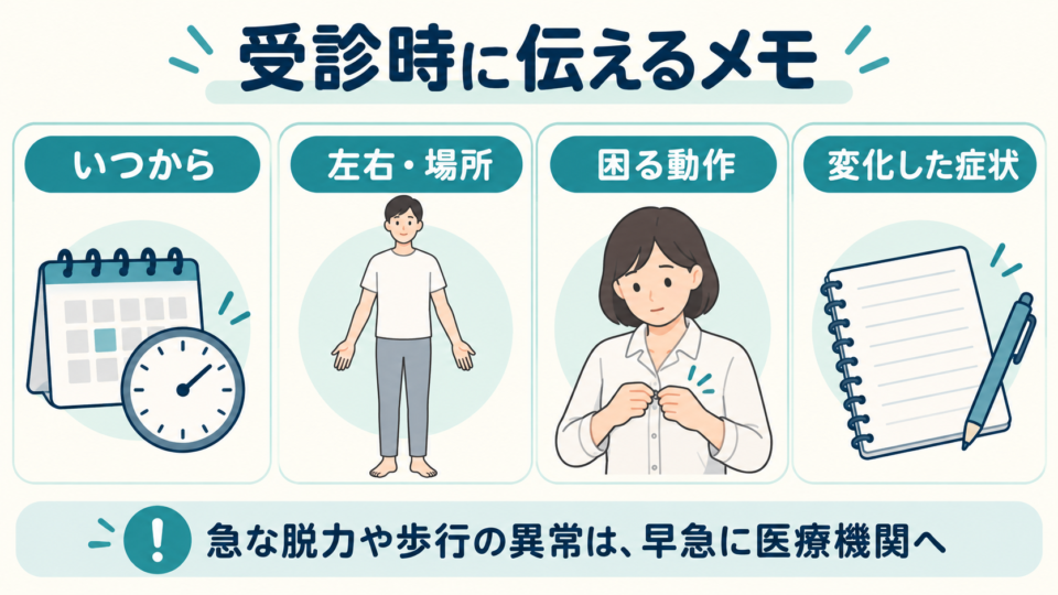 いつから、左右と場所、困る動作、変化した症状をメモする図