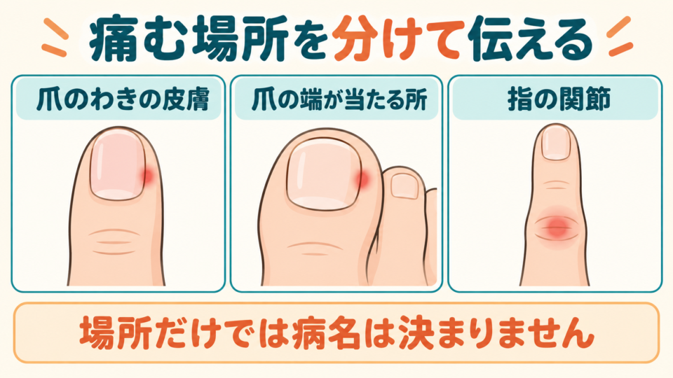 爪のわきの皮膚、爪の端が当たる所、指の関節を分けた図