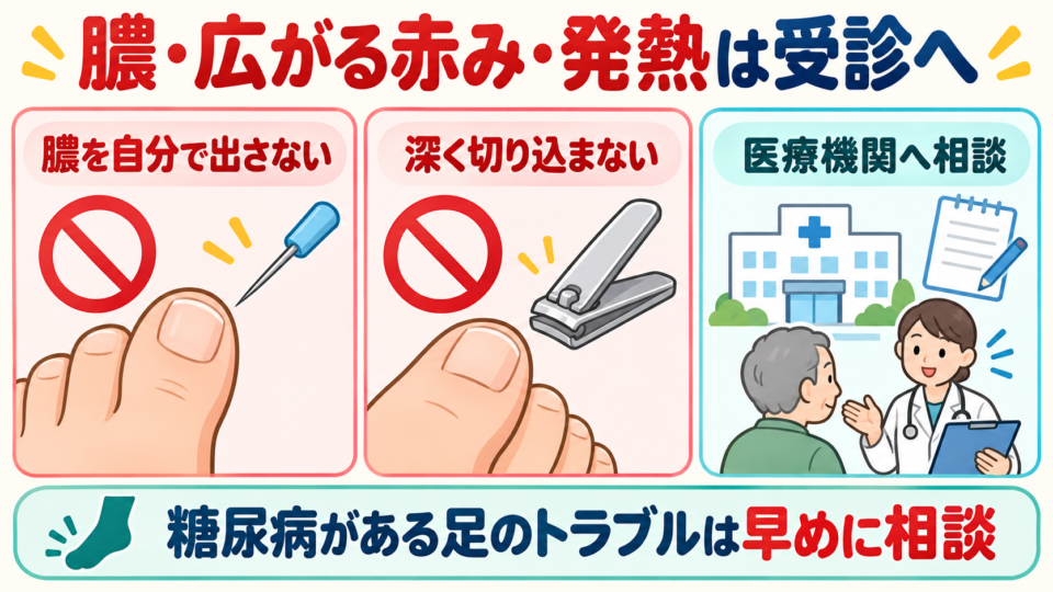 膿を自分で出すことや深く切り込むことを避け、医療機関へ相談する図