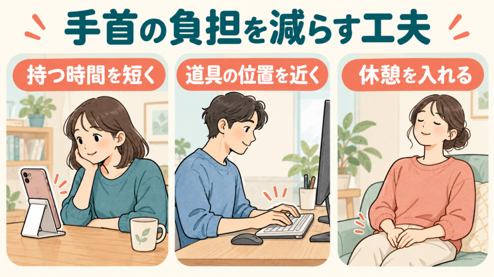 手で持つ時間を短くし、道具を近くに置き、休憩を入れる工夫