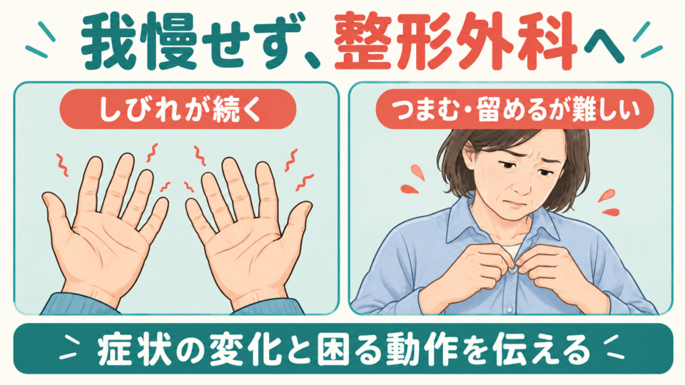 持続するしびれやボタンを留めにくい変化を整形外科へ相談する図