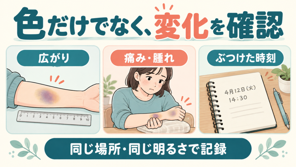内出血の広がり、痛みと腫れ、ぶつけた時刻を確認する図