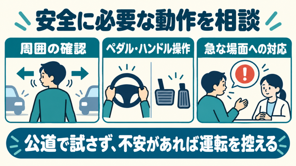周囲の確認、ペダルとハンドル、急な場面への対応を相談する図