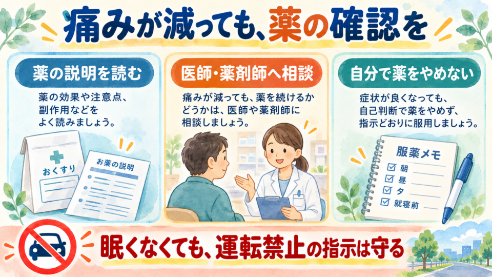 薬の説明を読み医師や薬剤師に相談し、運転禁止の指示を守る図