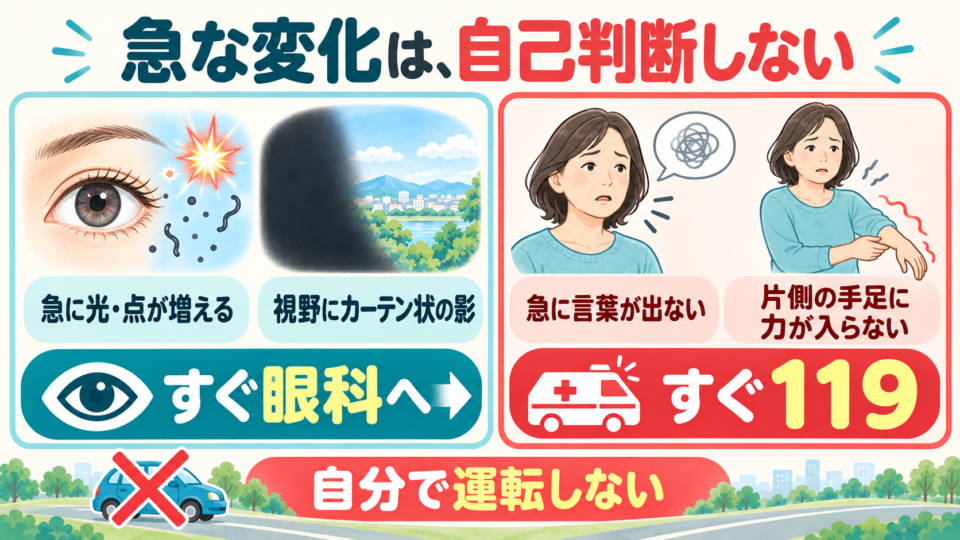 急な光や影は眼科へ、急な言葉の異常や片側の脱力は119番と示す図
