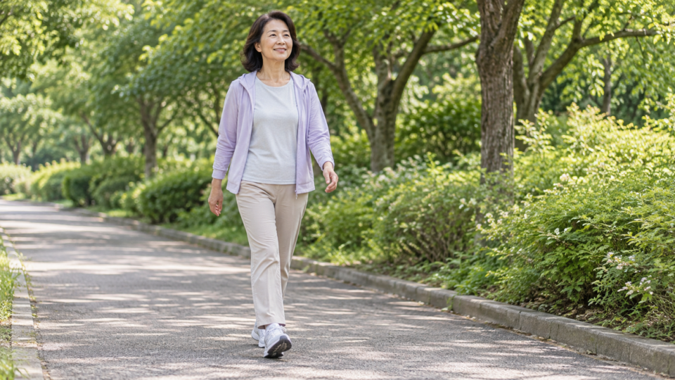 公園の平らな道を歩く女性の説明用イメージ